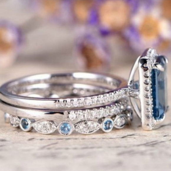 Size 6🎀3pc 925 Blue Sparkling Diamond Ring - Picture 2 of 5